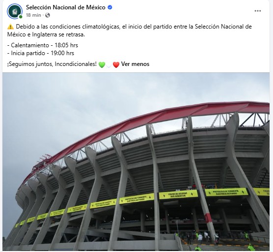 Partido de México vs Inglaterra se retrasa por protocolo de tormenta eléctrica