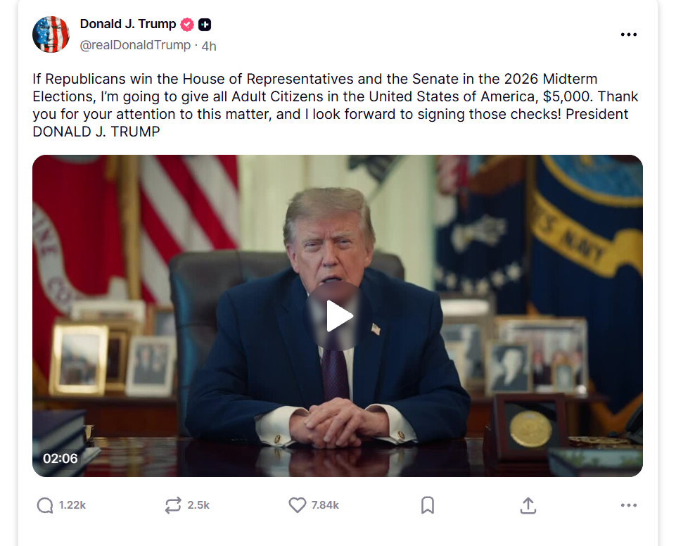 Trump insiste en promesa de 5 mil dólares a adultos