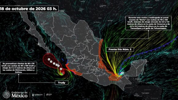 Huracán ‘Trudy’ y Frente Frío 2 pegarán este domingo con lluvias, oleaje y vientos de hasta 120 km/h en varios estados